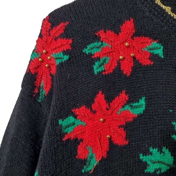 Vintage Holiday Cardigan Sweater Size M Winter Poinsettia Hand Knit Womens - Picture 6 of 14